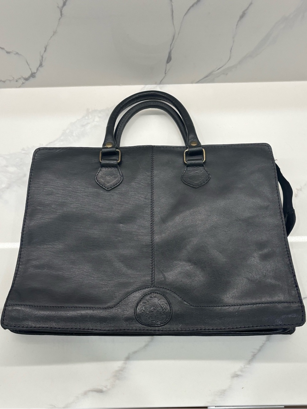 Vintage Black Leather Briefcase Attache Bag with Embossed Crest Logo